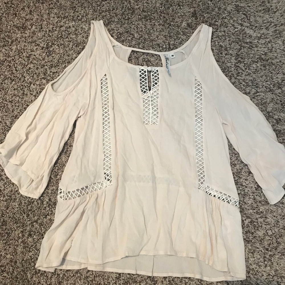 beige open shoulder blouse